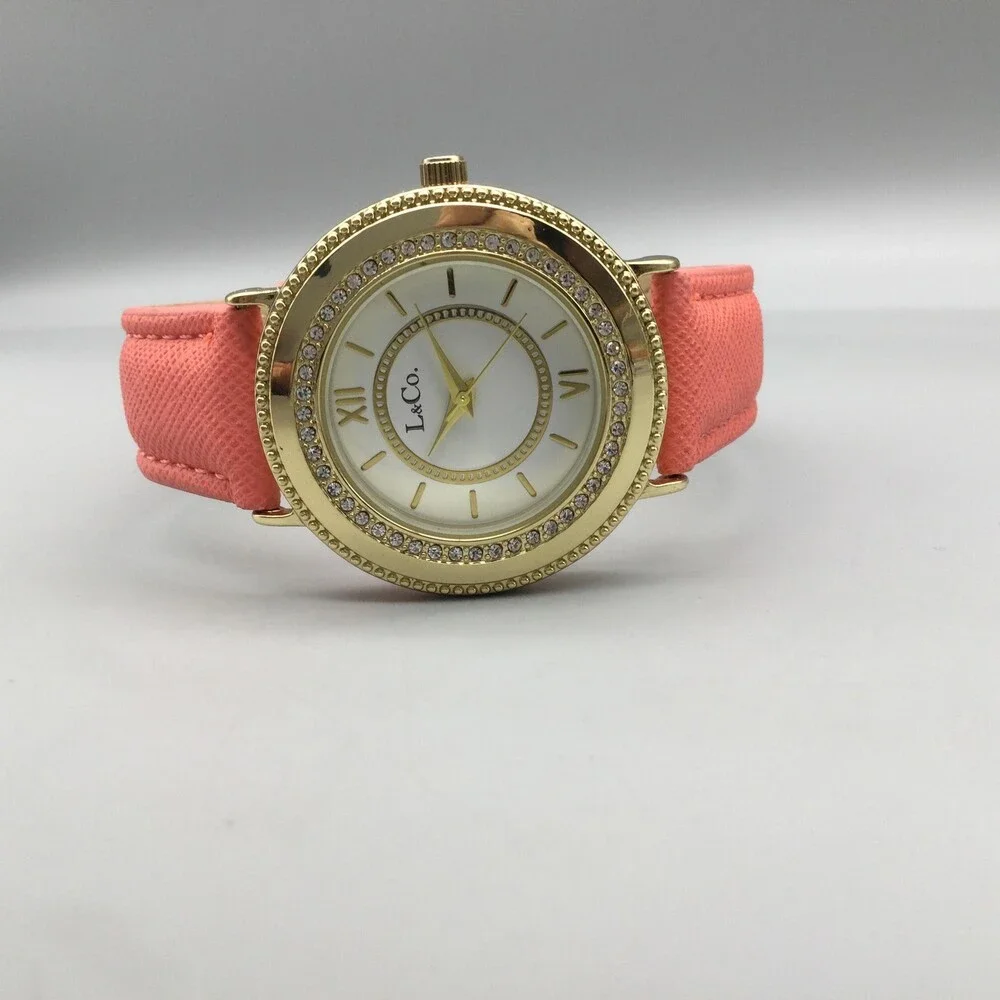L&Co Womens Watch 36mm White Dial Gold Tone Pink Strap Crystals New Battery